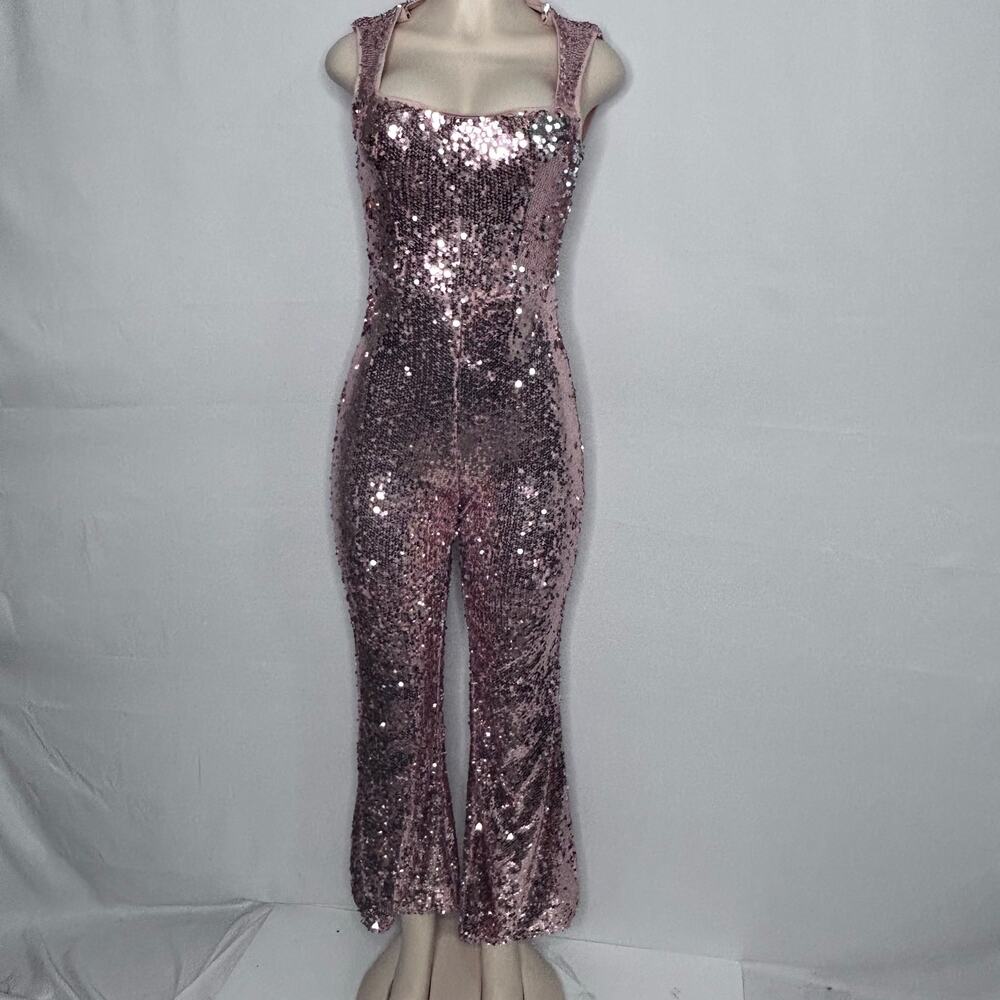 Glam retro Lulus Rose Gold Sequin Jumpsuit XS Sleeveless Flare Leg Party